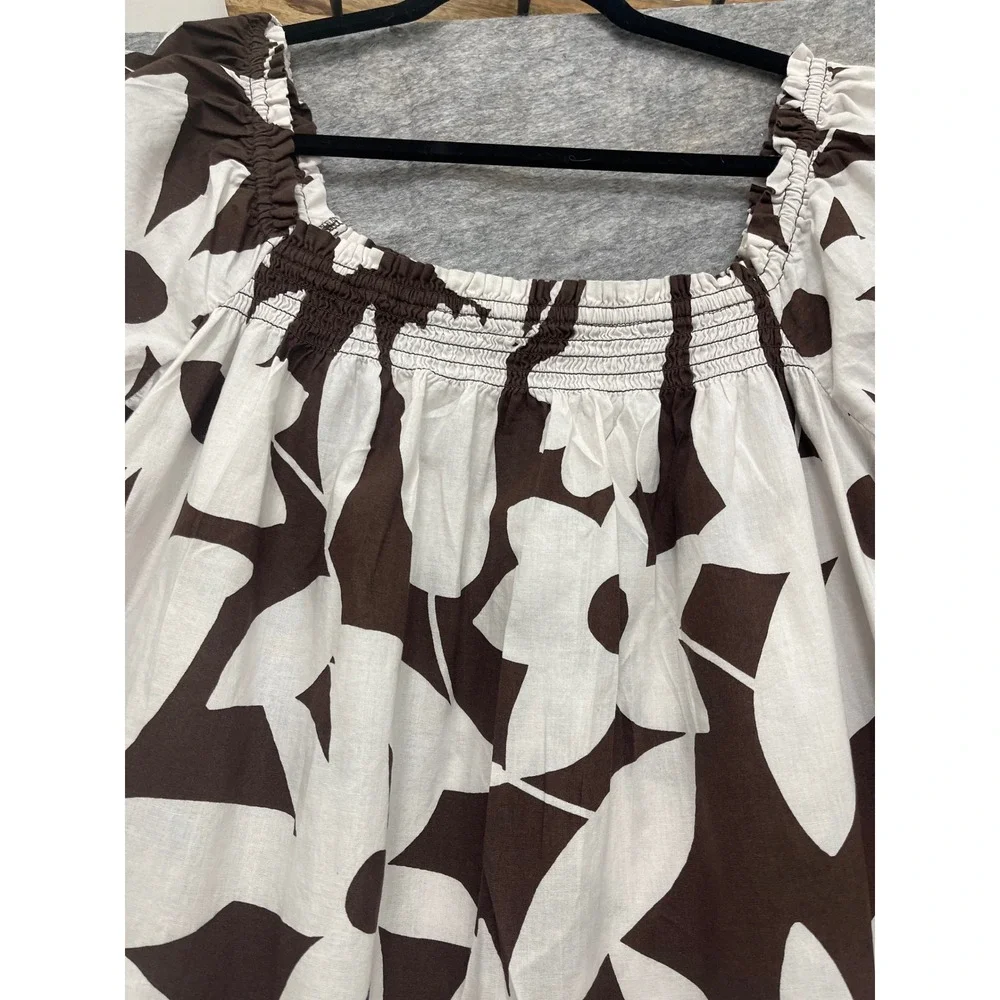 Free People Brown White Floral Smocked Puff Sleeve Mini Dress with Pockets - Picture 13 of 14